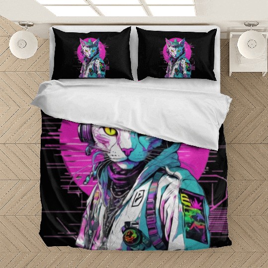 Neon Cyberpunk Warrior Cat Bedding Sets
