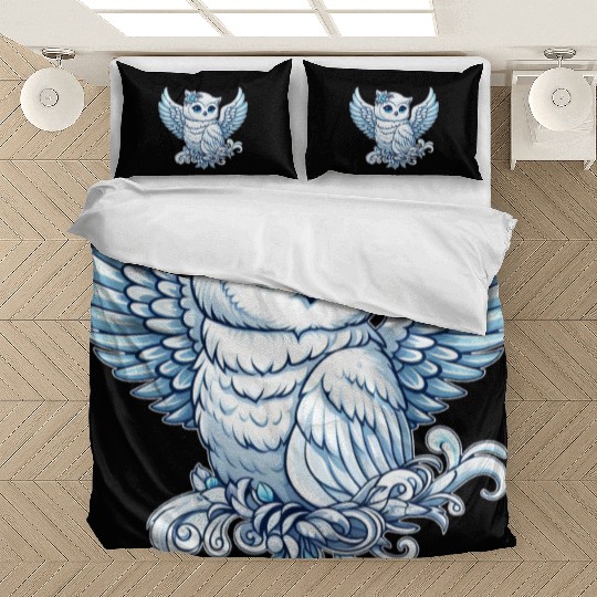 Cute snowy owl blue eyes angel wings cartoon Bedding Sets
