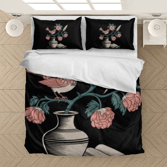 Cottagecore Bird and Floral Vase Art Bedding Sets