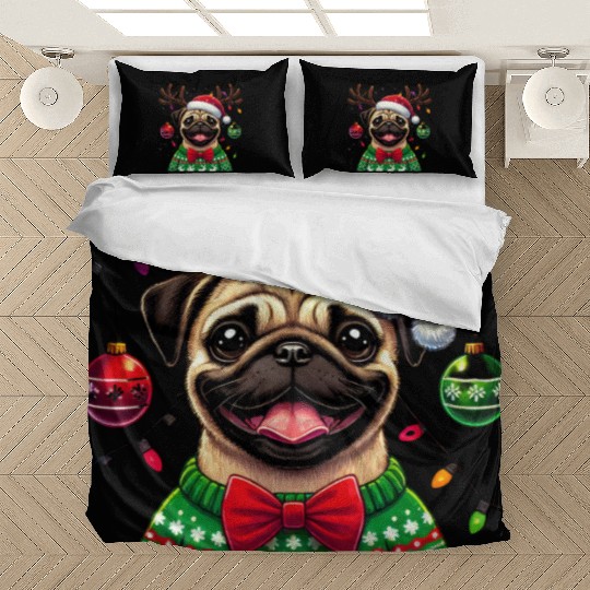 Cute Dog Wearing Santa Hat with Joyful Christmas Bedding Sets
