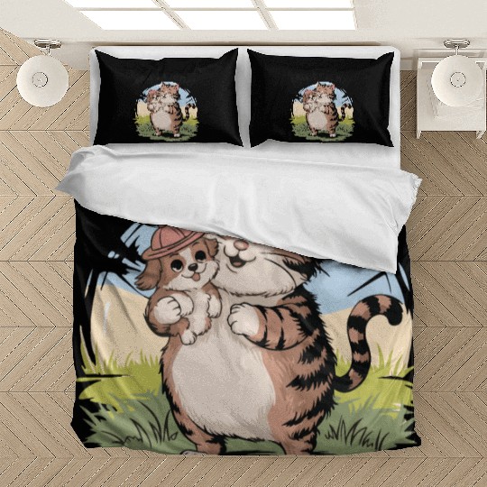 Fat Whimsical Cat and Puppy "My Friend" Art Bedding Sets