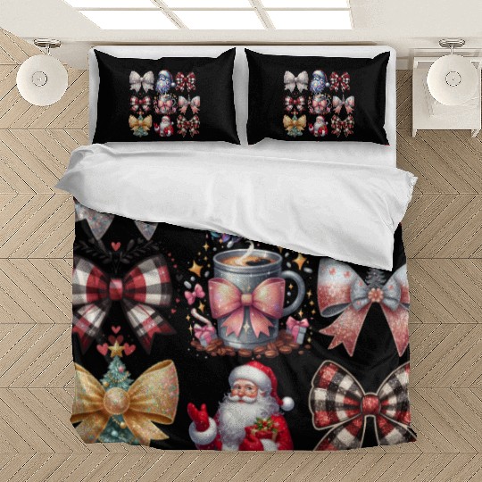 Coquette Bow Santa Christmas Tree Cake Candy Bedding Sets