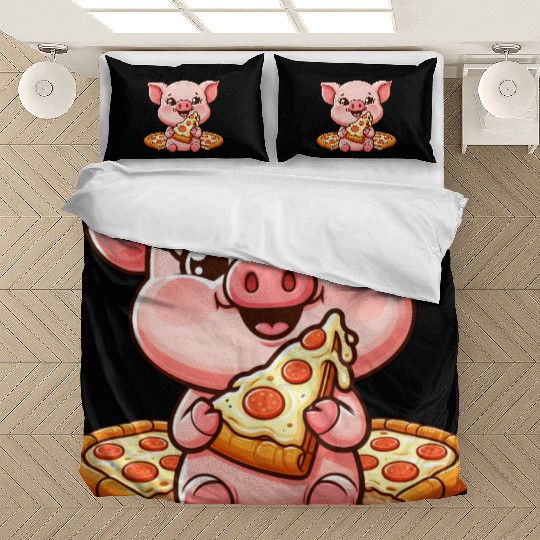 Funny pig on farm pizza pizza lover cartoon Bedding Sets