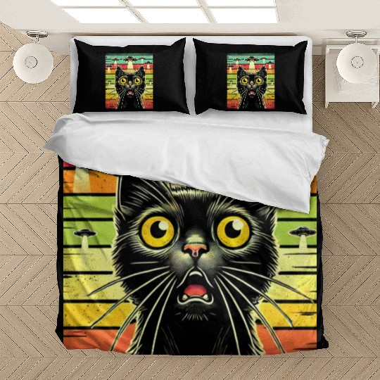 Fun Cat sunset Galaxy Cat Spaceship Alien Cat UFOs Bedding Sets