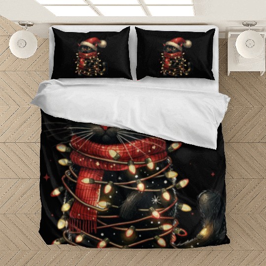 Black Cat In Christmas Light, Cat Lights Bedding Sets