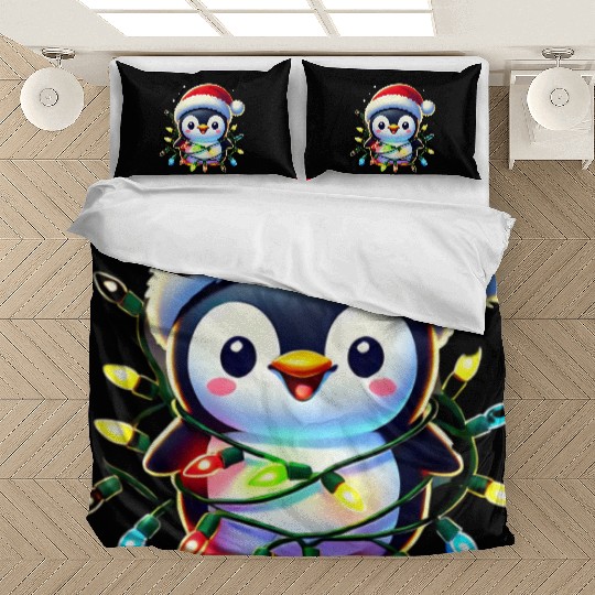Festive Penguin Wrapped in Christmas Lights & Sant Bedding Sets