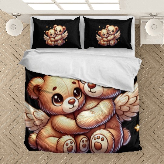 cute angel teddy bears in a loving embrace Bedding Sets