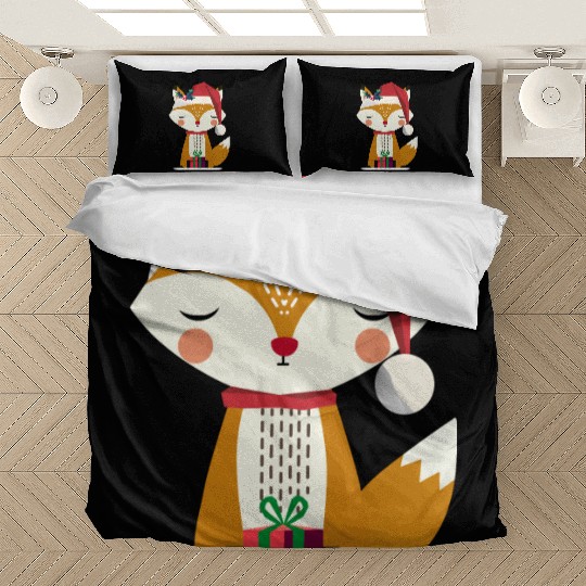 cute fox with santa hat and gift Bedding Sets