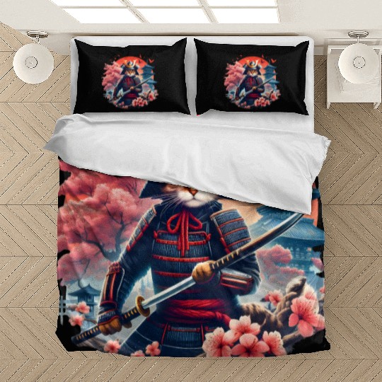 Samurai Cat Graphic Warrior Vintage Japanese Anime Bedding Sets