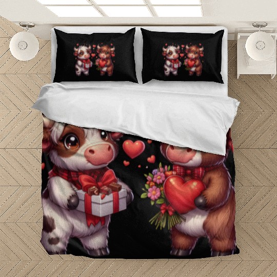 Cute cartoon valentines highland cow Bedding Sets
