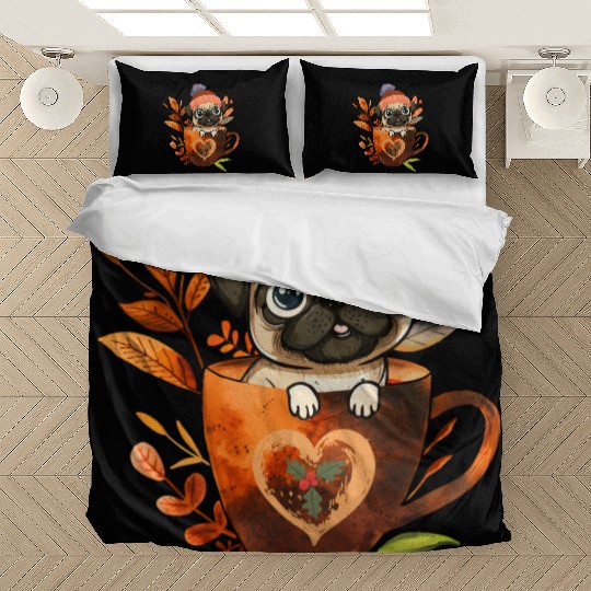Pug in A Coffee Cup with Christmas Bedding Sets