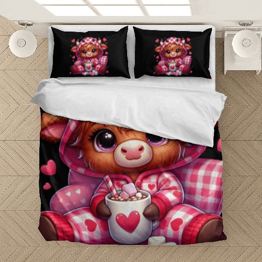 Cute cartoon valentines highland cow Bedding Sets