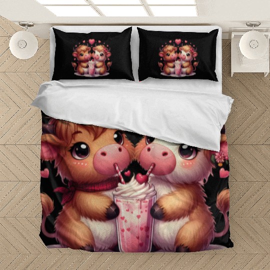 Cute Cartoon Valentines Highland Cow Bedding Sets