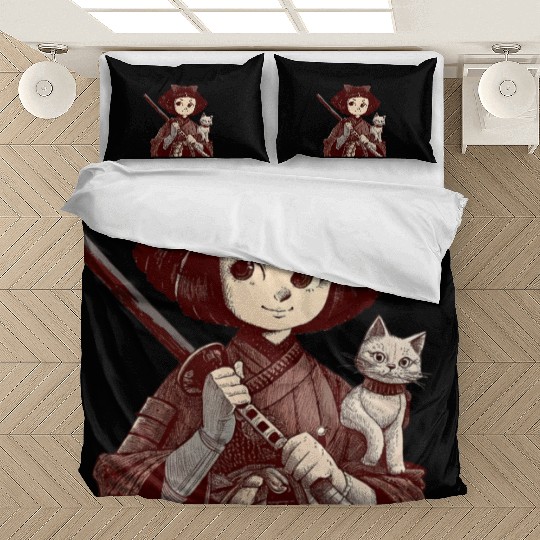 Chibi Samurai Warrior Cat Companion & Blossoms Bedding Sets