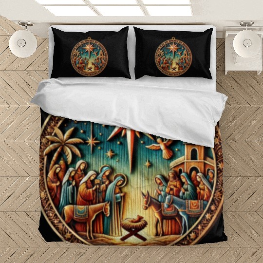 Christmas Nativity Scene Wooden Ornament Bedding Sets