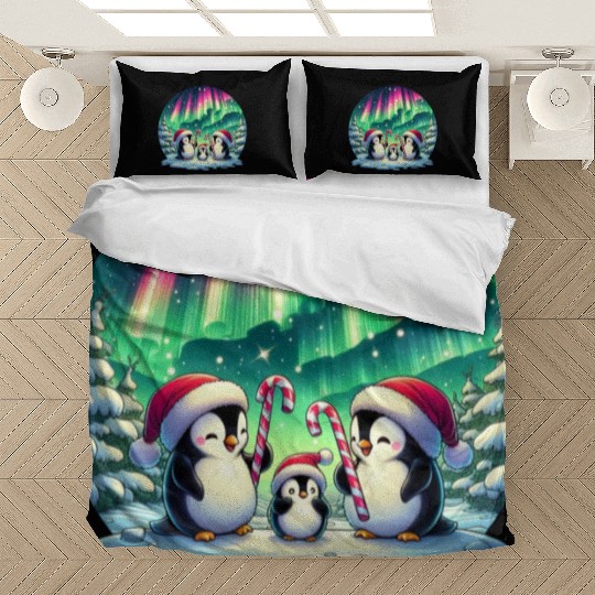 Penguin Family Christmas under the Aurora Bedding Sets