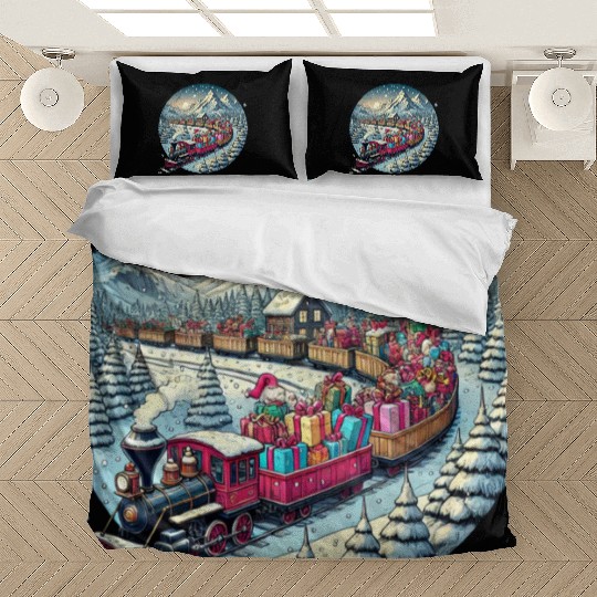 Christmas Train of Gifts through Snowy Peaks Bedding Sets