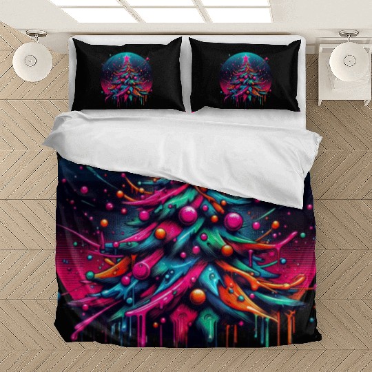 Neon Graffiti Christmas Tree with Bold Spray Paint Bedding Sets