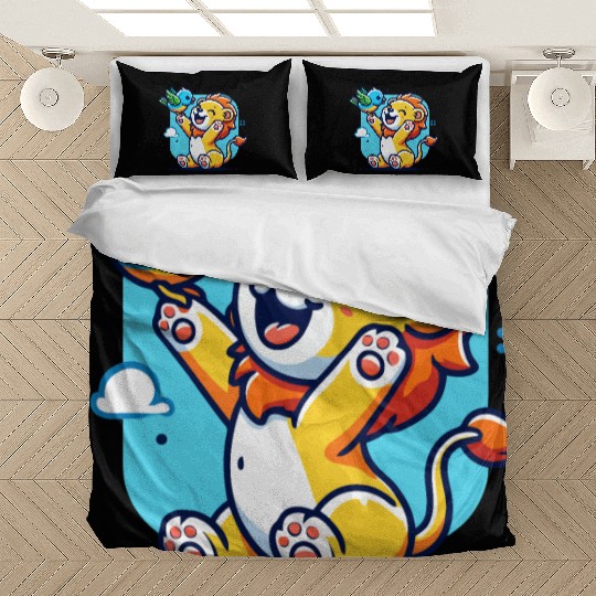 cute lion cub playing with a colorful bird Bedding Sets