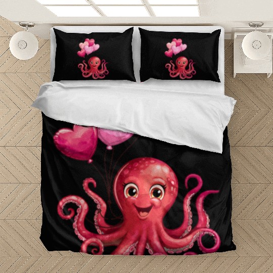 Octopus With Heart Balloons Valentines Day Octopus Bedding Sets