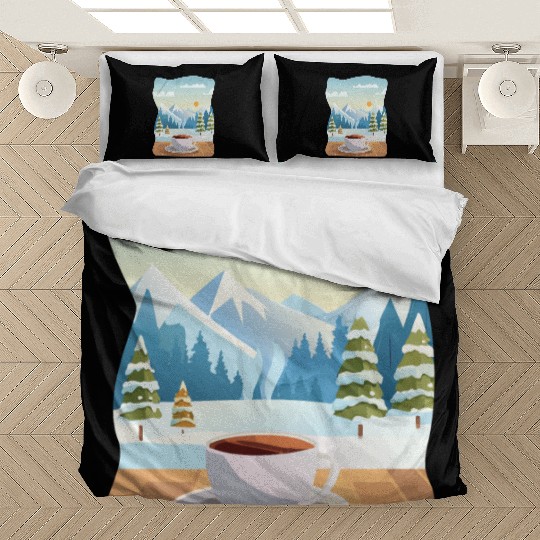 Coffee Cup and Winter Mountain View Bedding Sets