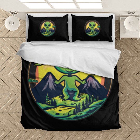 Cute Green Alien Loves Nature Bedding Sets