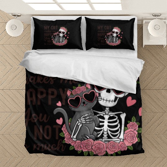 Funny Valentines Day Skeleton Cat Lover Bedding Sets