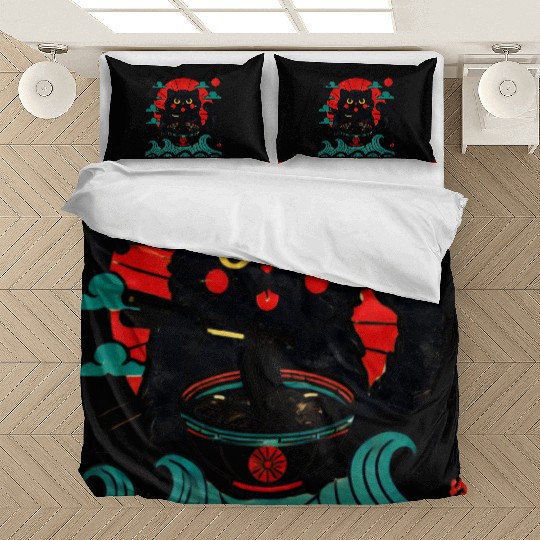 Kawaii Black Cat Eating Ramen Noodles Japanese Bedding Sets