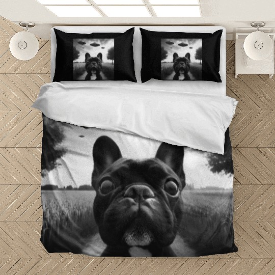 French Bulldog Funny Graphic Selfie with UFOs Weir Bedding Sets