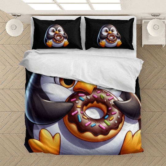Cute chubby penguin with donut cartoon Bedding Sets