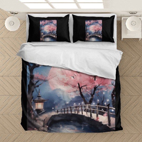Watercolor cherry blossom festival full moon Bedding Sets