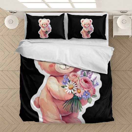 Teddy bear with bouquet of flowers Bedding Sets