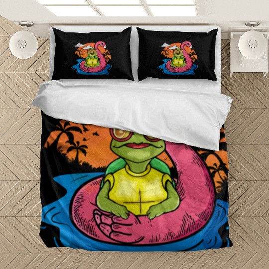 Funny Sea Turtle Swimming Flamingo Pool Sea Turtle Bedding Sets