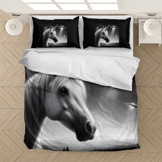 Unicorn Funny Graphic Selfie with UFOs Weird Alien Bedding Sets