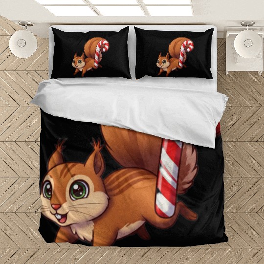 A squirrel with a candy cane tail. Bedding Sets
