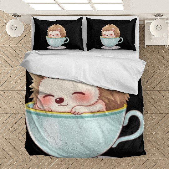 Cute hedgehog relaxing in a light blue cup Bedding Sets