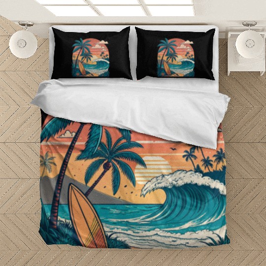 Tropical Paradise Sunset Surfing and Palm Trees Bedding Sets
