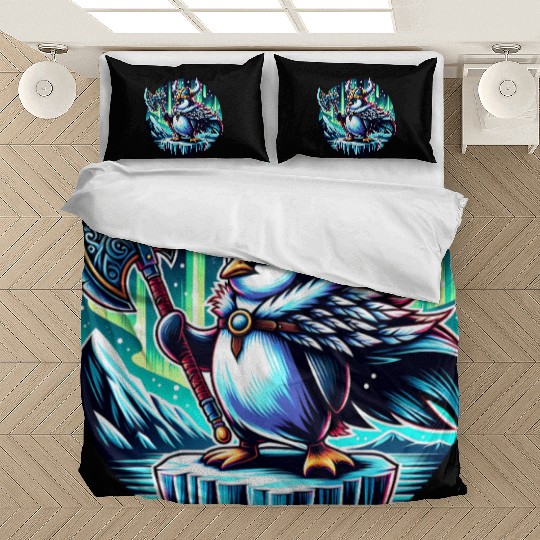 Viking Penguin with Axe Under Northern Lights Bedding Sets
