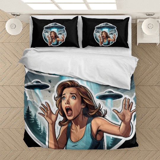 Alien Invasion: woman in running for her life Bedding Sets