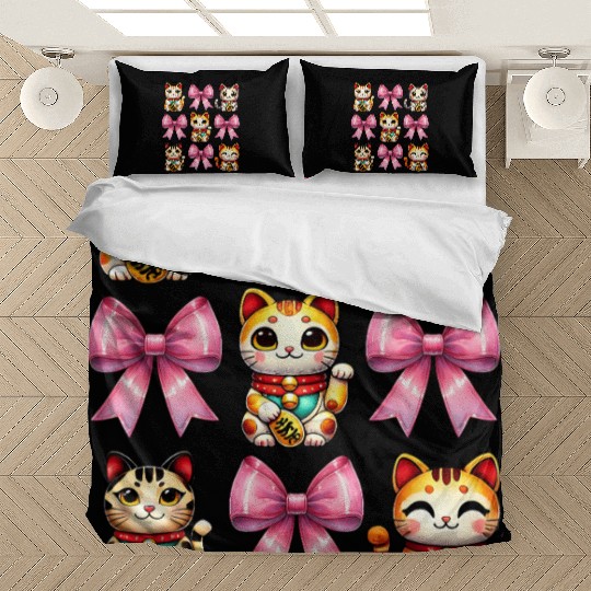 Coquette Bow Maneki Neko Japanese Cat Lucky Pink Bedding Sets