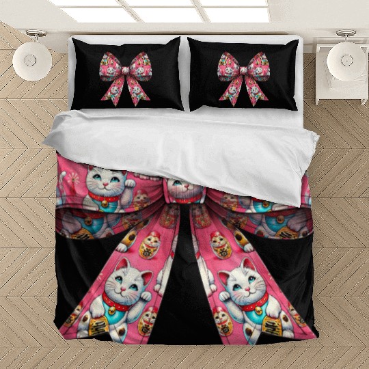 Coquette Bow Maneki Neko Japanese Cat Lucky Pink Bedding Sets