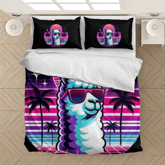 Retro Neon Llama with Sunglasses Vibes Bedding Sets