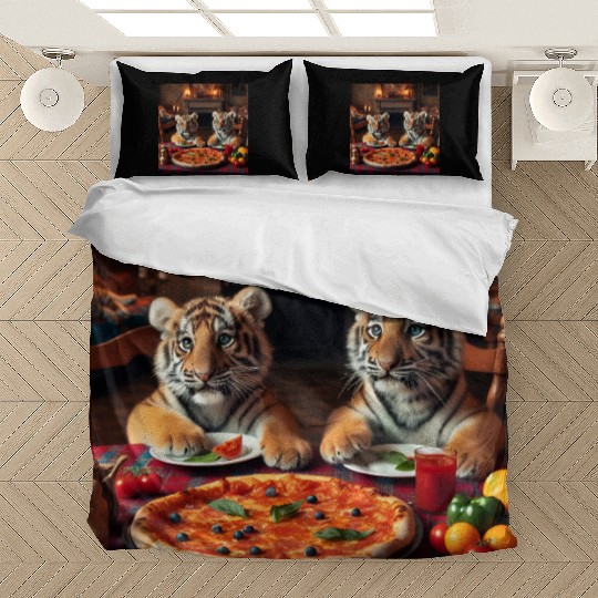 Tiger Cubs eating pizza Bedding Sets