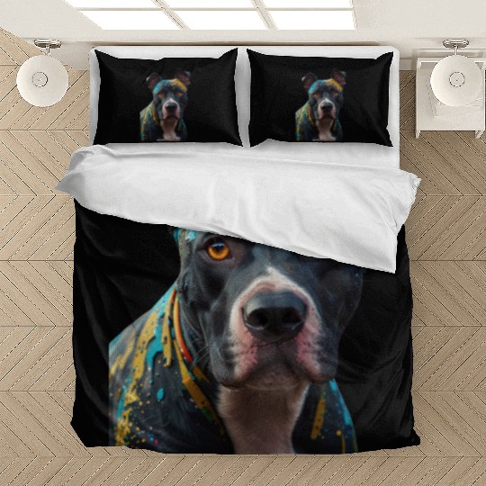 A graffiti-style pitbull portrait, colorful street Bedding Sets