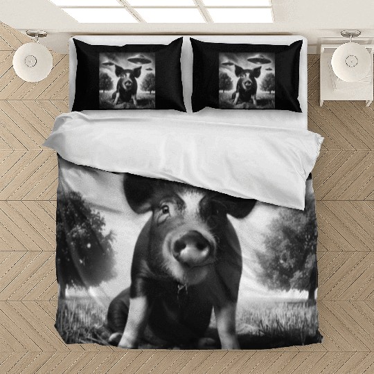 Pig piggy piglet Funny Graphic Selfie with UFOs We Bedding Sets
