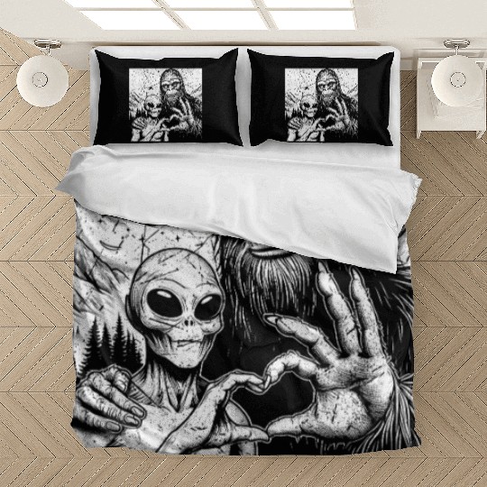 Bigfoot and alien Sasquatch love hand sign Weird S Bedding Sets
