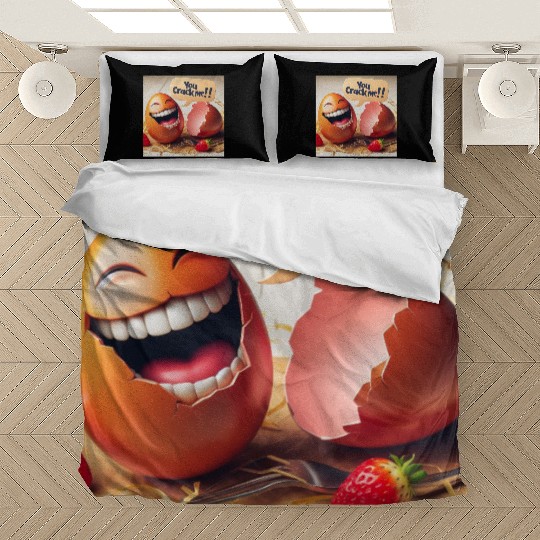 A cracked Easter egg laughing with the caption Bedding Sets