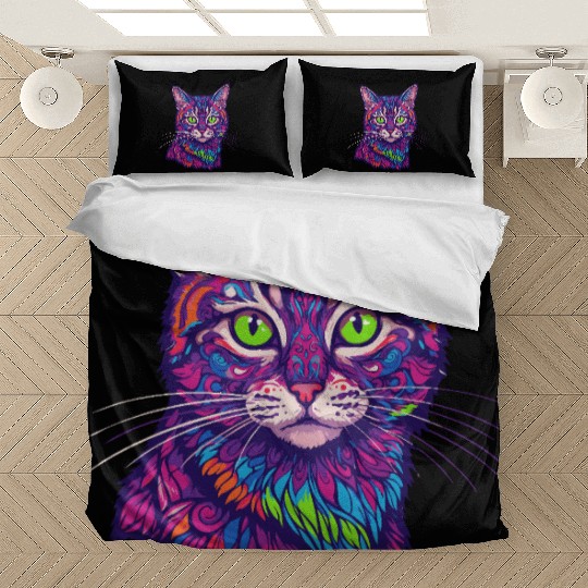 psychedelic cat illustration Bedding Sets