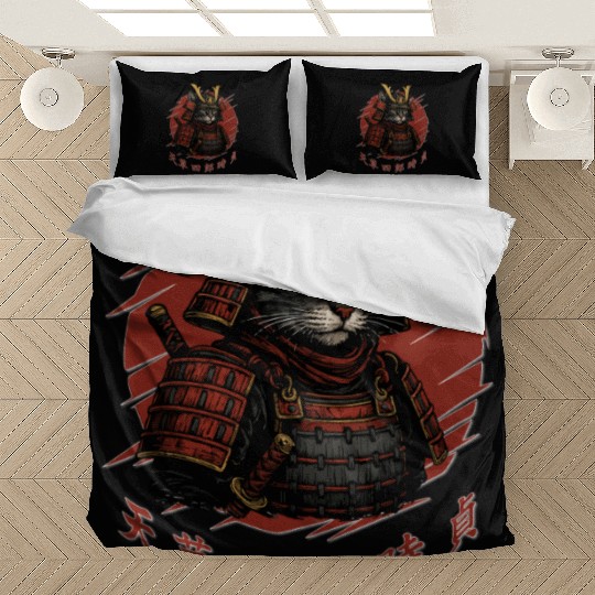 Samurai Cat Warrior – Japanese Red Sun Armor Art Bedding Sets