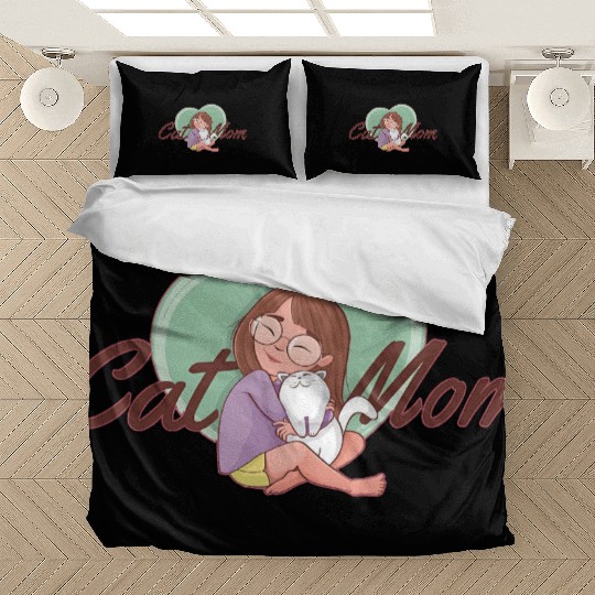 Cat Mom SVG – Girl Hugging White Cat with Heart Bedding Sets